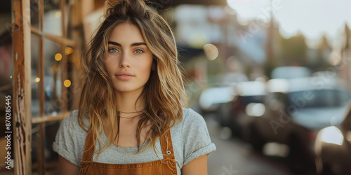 Street style photography of a beautiful woman wearing an apron, showcasing the full apron, with empty copy space © Uwe