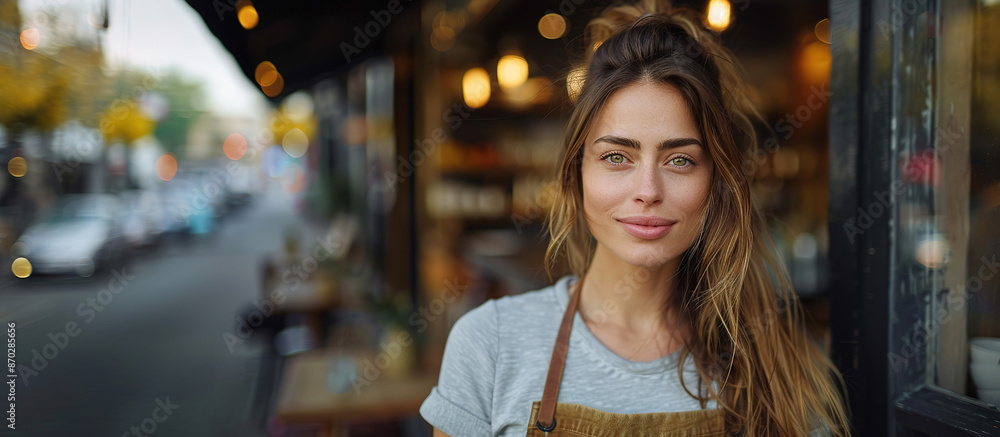 Street style photography of a beautiful woman wearing an apron, showcasing the full apron, with empty copy space Street style photography of a beautiful woman wearing an apron, showcasing the full apron, with empty copy space