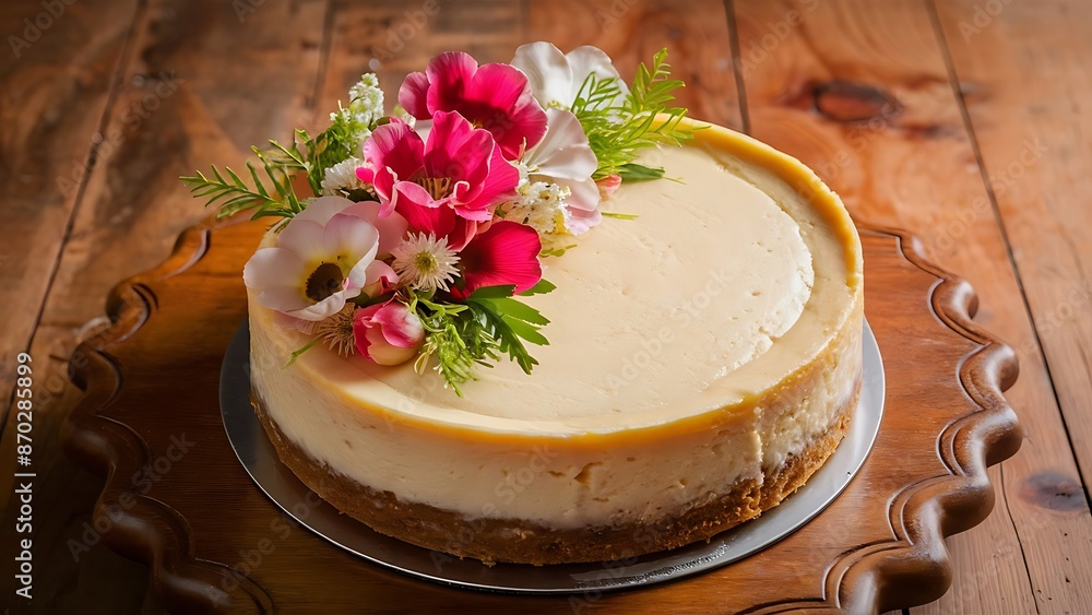 Cheesecake with flowers on a wooden table Cheesecake with flowers on a wooden table