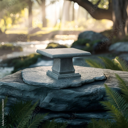 Stone podium on rock platform 3d illustration, grey rock pedestal for a product display stand, green forest and full blurred on the background, natural scenery