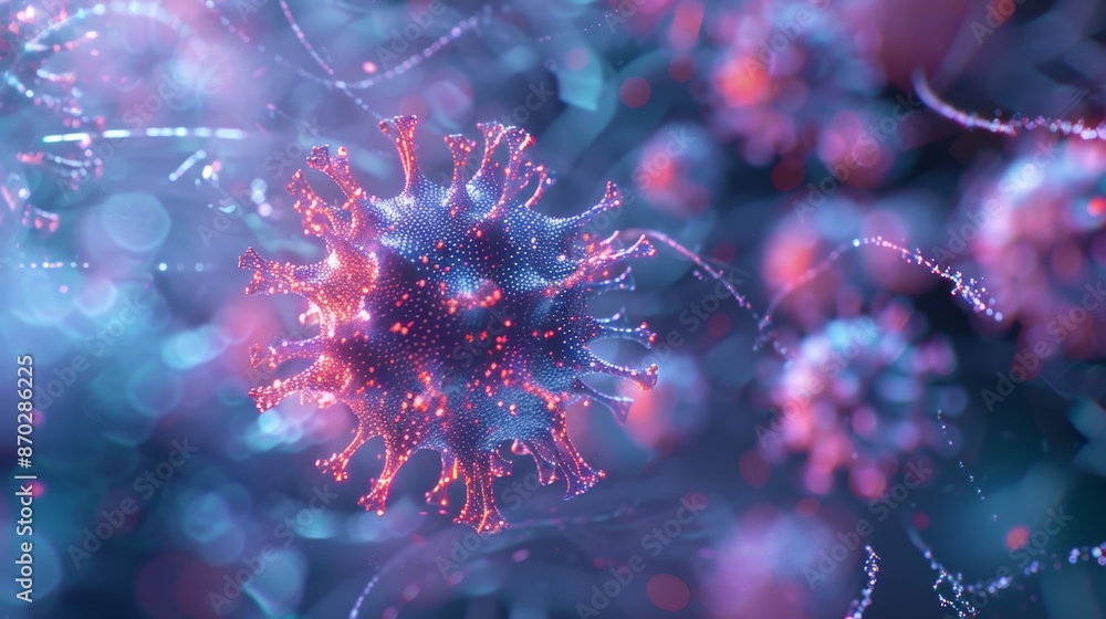 Fototapeta premium A futuristic 3D illustration of a digital model of a virus, used for medical research and health analysis.