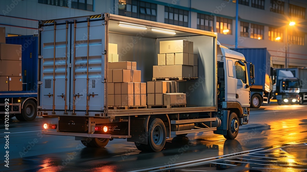 Naklejka premium logistics cargo truck with open rear doors revealing stacked boxes ready for delivery