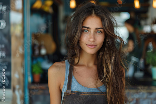 Street style photography of a beautiful woman wearing an apron, showcasing the full apron, with empty copy space Free Download Street style photography of a beautiful woman wearing an apron, showcasing the full apron, with empty copy space - GFXLoad