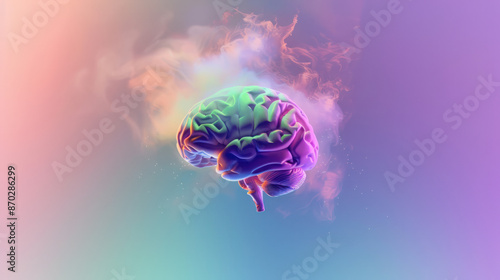 A human brain is floating in an abstract background of colorful smoke and fog
