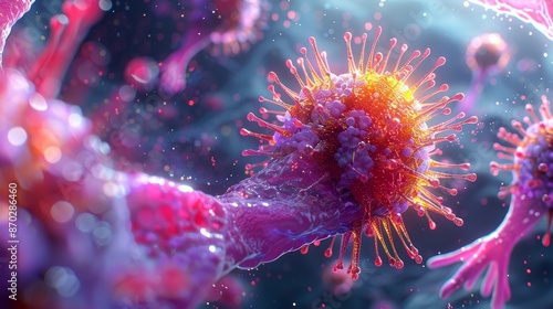 A detailed 3D illustration of a virus cell with spike proteins, showcasing its structure and anatomy in vivid colors.