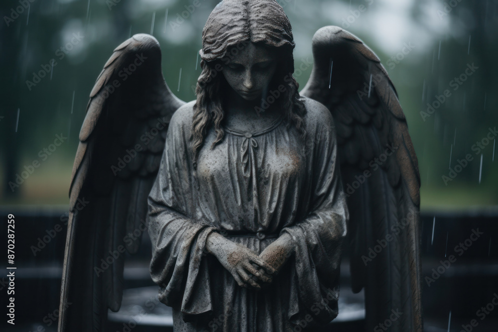 A close-up of a stone angel statue with wings, standing in the rain during the daytime A close-up of a stone angel statue with wings, standing in the rain during the daytime