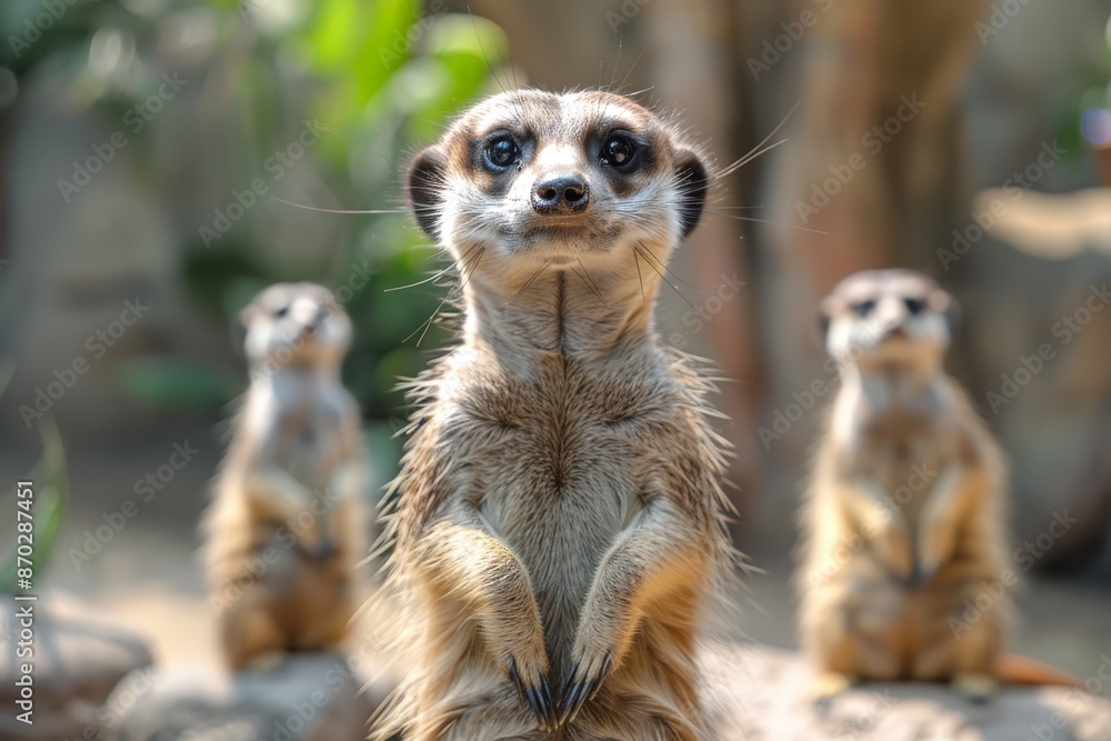 Curious meerkats standing on their hind legs, keeping watch. Curious meerkats standing on their hind legs, keeping watch.