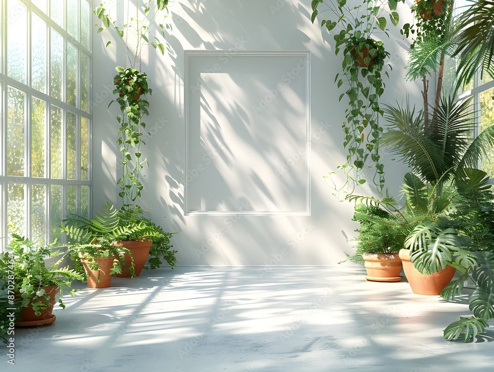 Sunlit Greenhouse Mockup with Verdant Foliage and Terracotta Pots Sunlit Greenhouse Mockup with Verdant Foliage and Terracotta Pots