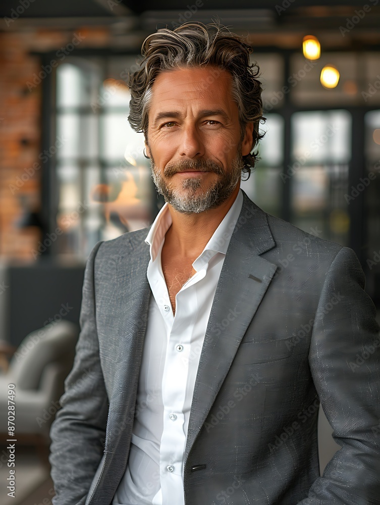 Portrait photography of a successful middle aged businessman consultant looking at camera and smiling inside modern office building Portrait photography of a successful middle aged businessman consultant looking at camera and smiling inside modern office building