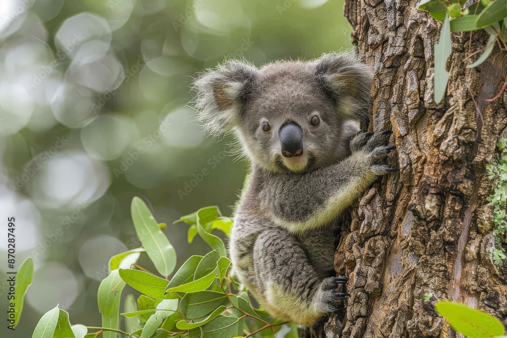Fototapeta premium Adorable baby koala clinging to its mother's back in a eucalyptus tree.