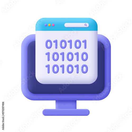 Computer webpage and binary code. Web development, information technology, programming and data encryption. 3d vector icon. Cartoon minimal style.