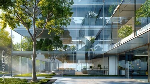 A carbon-diversion office building made of glass that is sustainable and has trees. Green surroundings in an office building. Businesses lower CO2 emissions