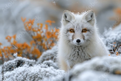 Arctic fox camouflaged in a snowy landscape.