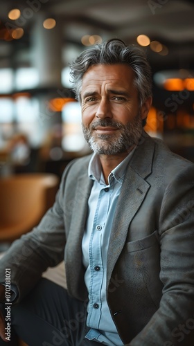 Portrait photography of a successful middle aged businessman consultant looking at camera and smiling inside modern office building © Artimind