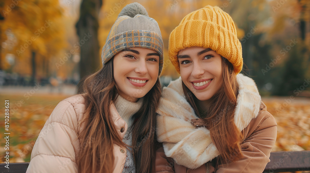 Two smiling young women sitting on a bench in an autumn park Two smiling young women sitting on a bench in an autumn park