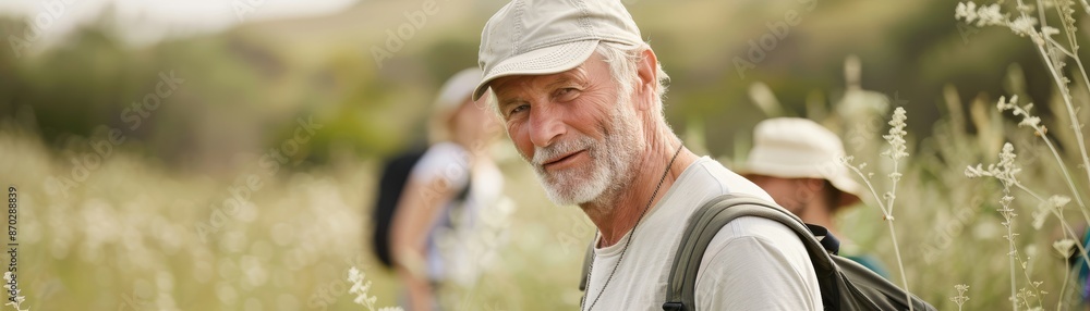 A man with a white hat and a backpack is smiling in a field A man with a white hat and a backpack is smiling in a field