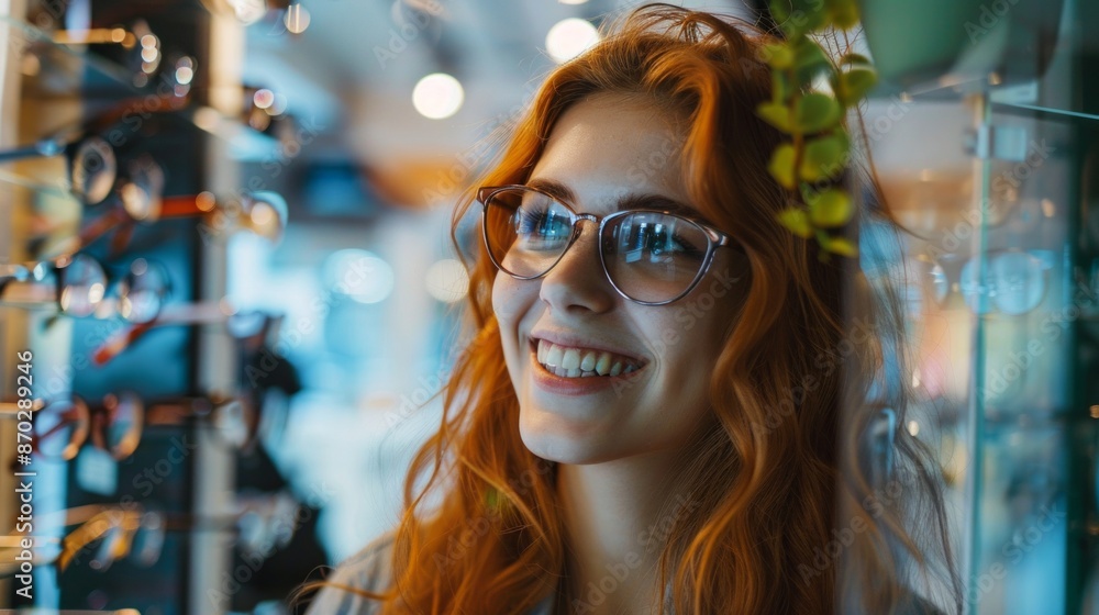 Young Woman with Eyeglasses in Optical Store - Beautiful girl wearing glasses in optician shop