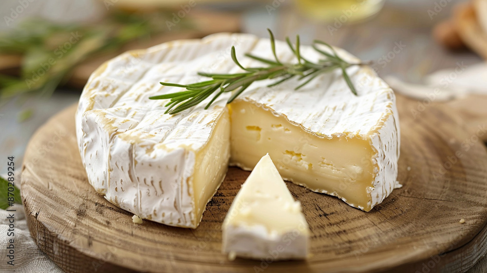 Close-up of a wheel of Brie cheese with a wedge cut out Close-up of a wheel of Brie cheese with a wedge cut out