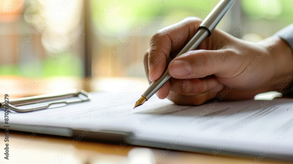 Close-up shot of a hand, holding a pen, signing a document, business concept, professional setting Close-up shot of a hand, holding a pen, signing a document, business concept, professional setting