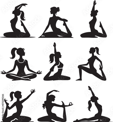 Girl yoga pose vector set silhouette logo art