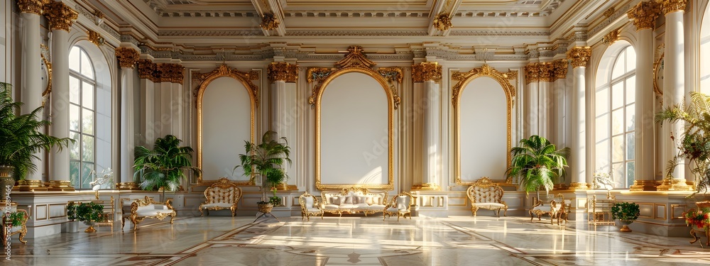 Fototapeta premium Ornate Gilded Frame Mockup in Lavish Classical Renaissance Style Interior