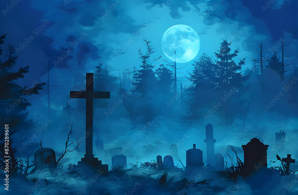 Eerie moonlit cemetery with fog, tree silhouettes, and gravestones in a mystical, spooky atmosphere. Perfect for Halloween themes. Eerie moonlit cemetery with fog, tree silhouettes, and gravestones in a mystical, spooky atmosphere. Perfect for Halloween themes.