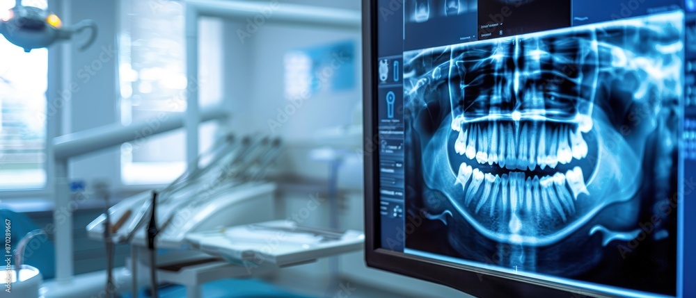 Digital dental x-ray, advanced imaging technology, sleek modern clinic, precise diagnostics, high-tech healthcare Digital dental x-ray, advanced imaging technology, sleek modern clinic, precise diagnostics, high-tech healthcare