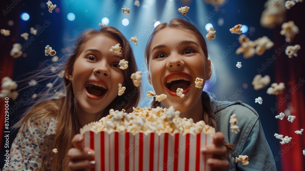 Ecstatic Young two women Caught in a Burst of Popcorn During a Movie Night, Their Bright Smiles and Laughter Reflecting the Vibrant and Energetic Atmosphere of the Cinema Ecstatic Young two women Caught in a Burst of Popcorn During a Movie Night, Their Bright Smiles and Laughter Reflecting the Vibrant and Energetic Atmosphere of the Cinema