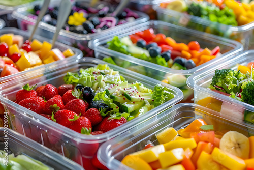 Fresh, colorful assorted fruits and vegetables neatly arranged in plastic containers for healthy eating and meal prep. © sornram