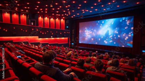 A vibrant movie theater scene with a full house, where the audience sits in eager anticipation, eyes fixed on the large screen, ready to be transported into the world of cinema magic and storytelling photo