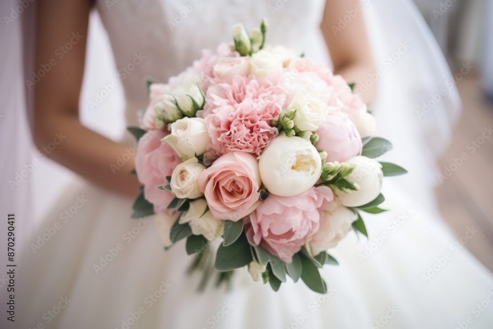 A bride in a white gown holds a bridal bouquet of pink and white flowers A bride in a white gown holds a bridal bouquet of pink and white flowers