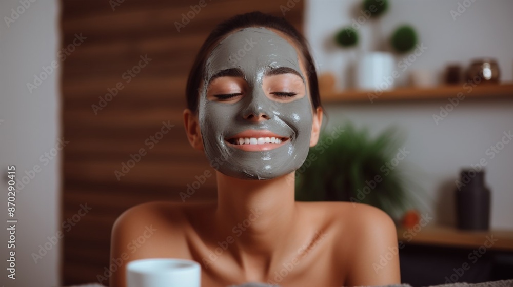 Relaxing Home Spa Day: Smiling Woman Enjoying Rejuvenating Clay Face Mask Treatment in Cozy, Modern Living Space for Perfect Skin Care and Relaxation Routine Relaxing Home Spa Day: Smiling Woman Enjoying Rejuvenating Clay Face Mask Treatment in Cozy, Modern Living Space for Perfect Skin Care and Relaxation Routine