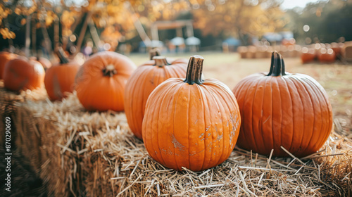 A close-up shot of several pumpkins resting on hay bales in an autumnal setting