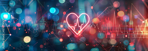 Heart health digital illustration with interconnected circuits and glowing heartbeat line, representing medical technology and innovation. photo