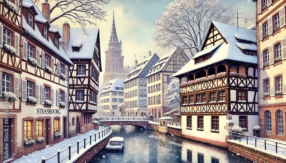 Fototapeta premium Winter view in Strasbourg, with half-timbered houses covered in snow and picturesque canals partially frozen