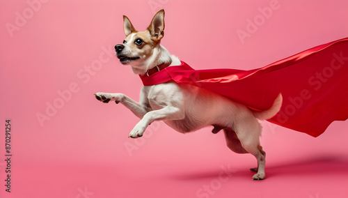 Playful dog wearing a red superhero cape leaping against a pink background, embodying energy, joy, and adventure. © sornram