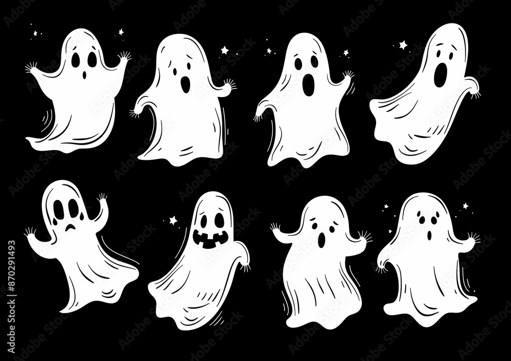 Set of eight cute and spooky cartoon ghost illustrations on a black background, perfect for Halloween and festive decorations. Set of eight cute and spooky cartoon ghost illustrations on a black background, perfect for Halloween and festive decorations.