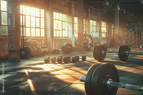 Sunlit gym interior with weights and workout equipment, rustic brick walls, and large windows creating an energizing workout atmosphere. photo