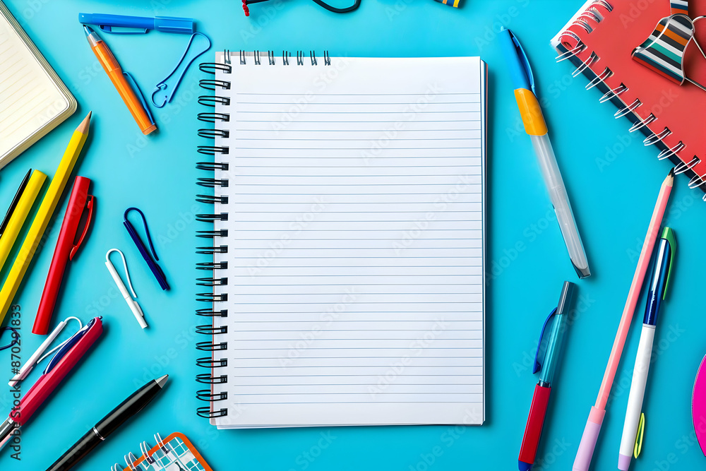 Top view of an open spiral notebook surrounded by colorful pens, pencils, and office supplies on a bright blue background. Top view of an open spiral notebook surrounded by colorful pens, pencils, and office supplies on a bright blue background.
