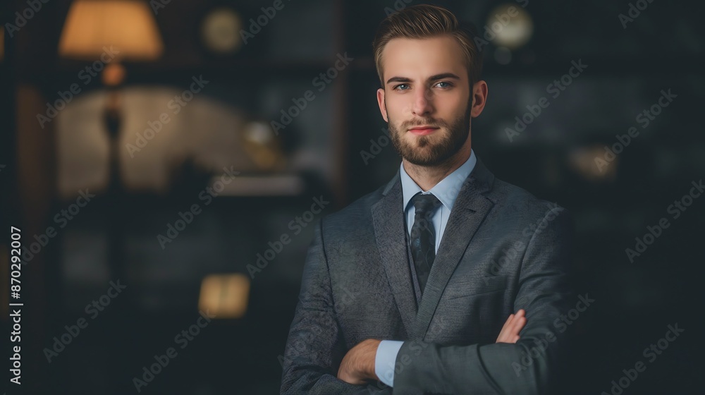 Strong and Confident 25 Year Old Man in Formal Attire, Proudly Standing in a Modern Business Office Setting Strong and Confident 25 Year Old Man in Formal Attire, Proudly Standing in a Modern Business Office Setting