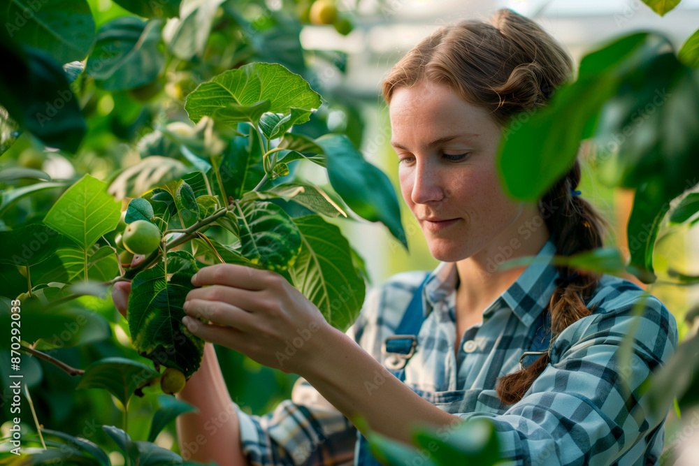 Obraz premium Woman is a gardener examining fruit tree leaves in the greenhouse. Small business owners and sustainable lifestyle and resources
