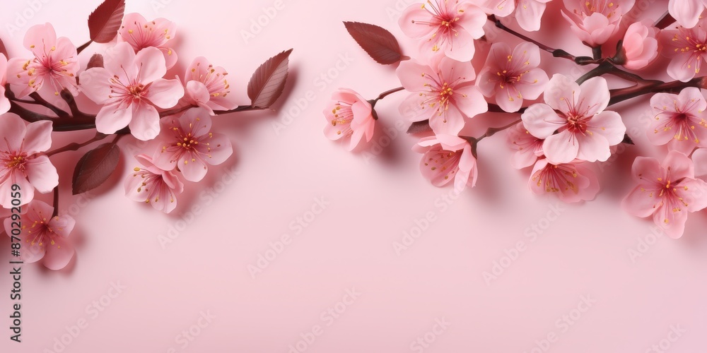 Pink Cherry Blossom Flowers on a Soft Pink Background Pink Cherry Blossom Flowers on a Soft Pink Background
