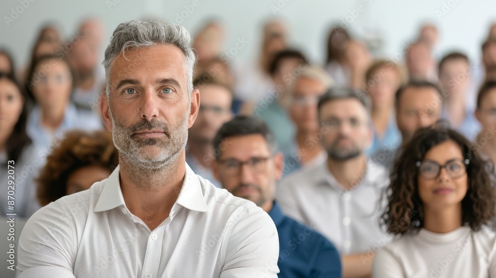 A man with a beard and glasses stands in front of a crowd of people A man with a beard and glasses stands in front of a crowd of people