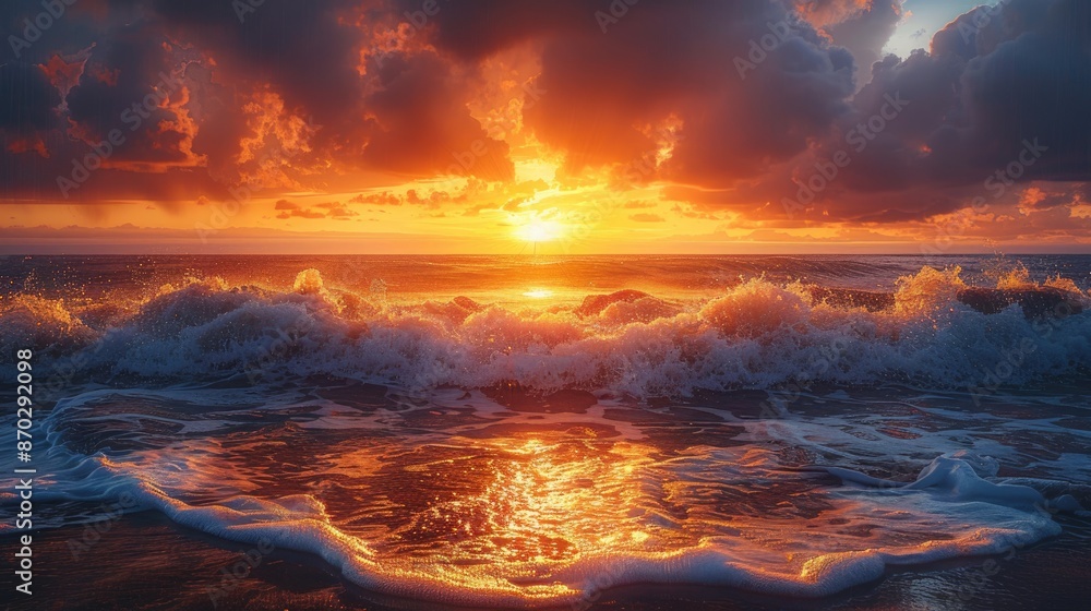 Dramatic ocean sunset with waves crashing, vibrant hues reflecting off the water, and dark clouds illuminated by the sun.
Dramatic ocean sunset with waves crashing, vibrant hues reflecting off the water, and dark clouds illuminated by the sun.