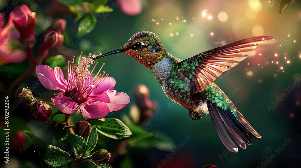 Fototapeta premium A colorful hummingbird hovers near a pink flower, its wings spread wide, as it feeds on nectar in a lush, green garden
