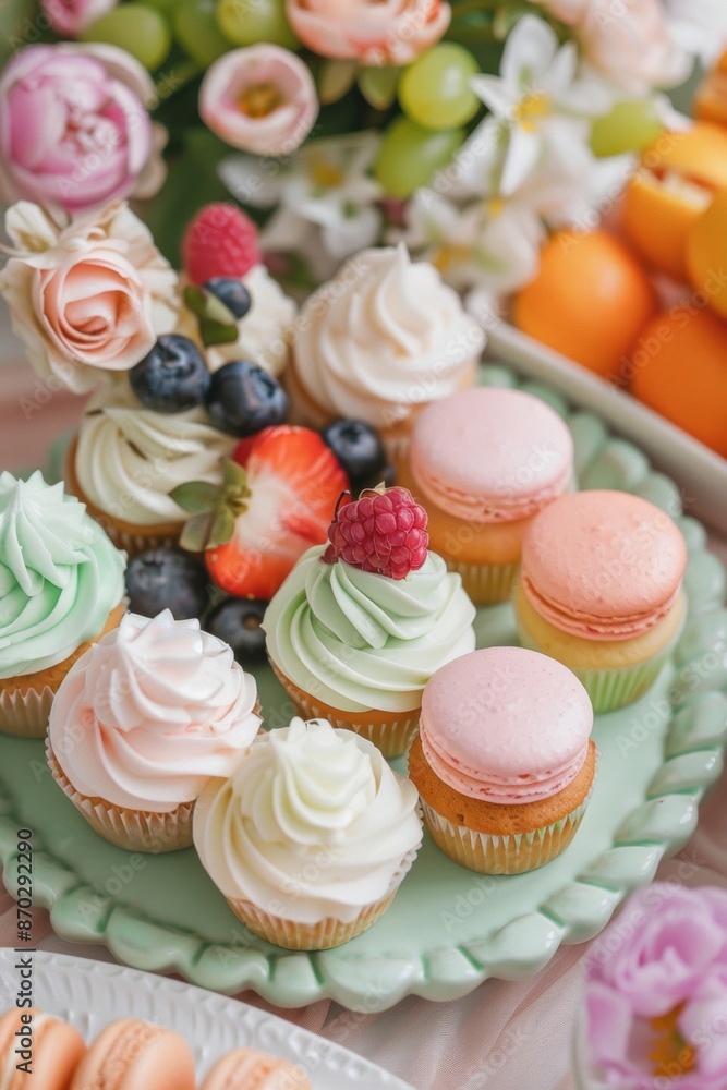 Pastel floral cupcakes bloom on a spring-themed dessert tray Pastel floral cupcakes bloom on a spring-themed dessert tray