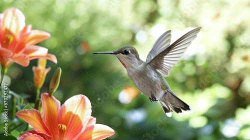 A hummingbird flies in front of orange lilies in a garden