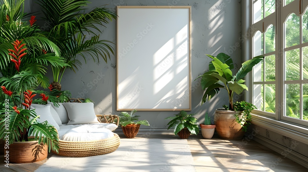 Mockup of a white background frame inside a house showcasing a bright and airy home conservatory with large windows tropical plants and natural elements Mockup of a white background frame inside a house showcasing a bright and airy home conservatory with large windows tropical plants and natural elements