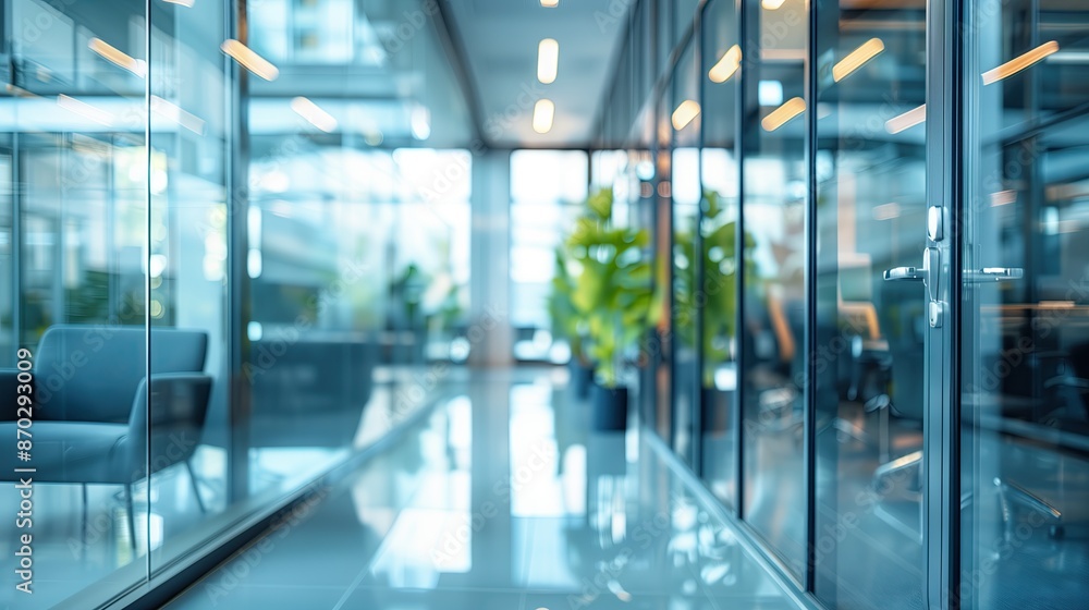 Beautiful, blurred background of modern office interior in gray tones with glass windows, glass partitions. Beautiful, blurred background of modern office interior in gray tones with glass windows, glass partitions.