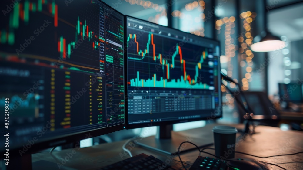 High clarity image of a trading office environment with multiple computer screens displaying financial data and graphs High clarity image of a trading office environment with multiple computer screens displaying financial data and graphs